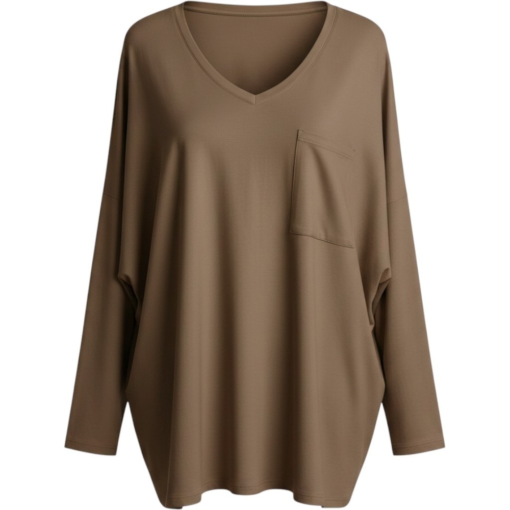 Zenana Women Mocha Brown Long Sleeve V-Neck Oversized Pocket Tee Top Medium